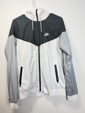 Nike Colorblock Hooded Windbreaker in Black, White & Light Gray medium